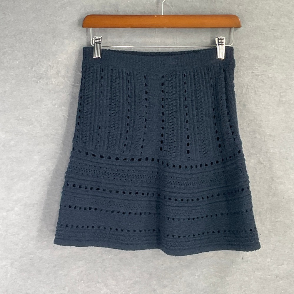 SAKS FIFTH AVENUE Navy Blue Knit A Line Skirt Womens XS Crochet Detail Mini